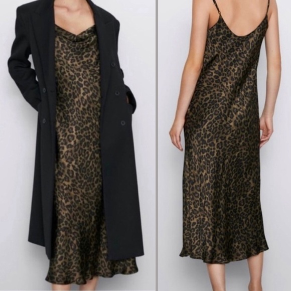 Zara Dresses & Skirts - Zara Leopard Satin Slip Cowl Neck Dress XS